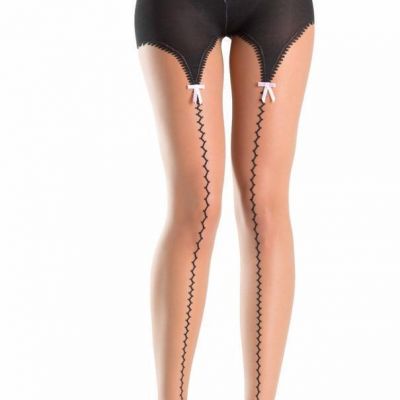 Faux Garter Belt Tights Sheer Zig Zag Stitched Design Pink Satin Bows Nude 778